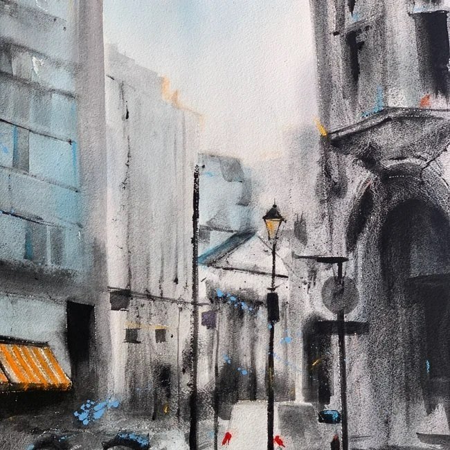 A watercolour of a street with a sign and a building