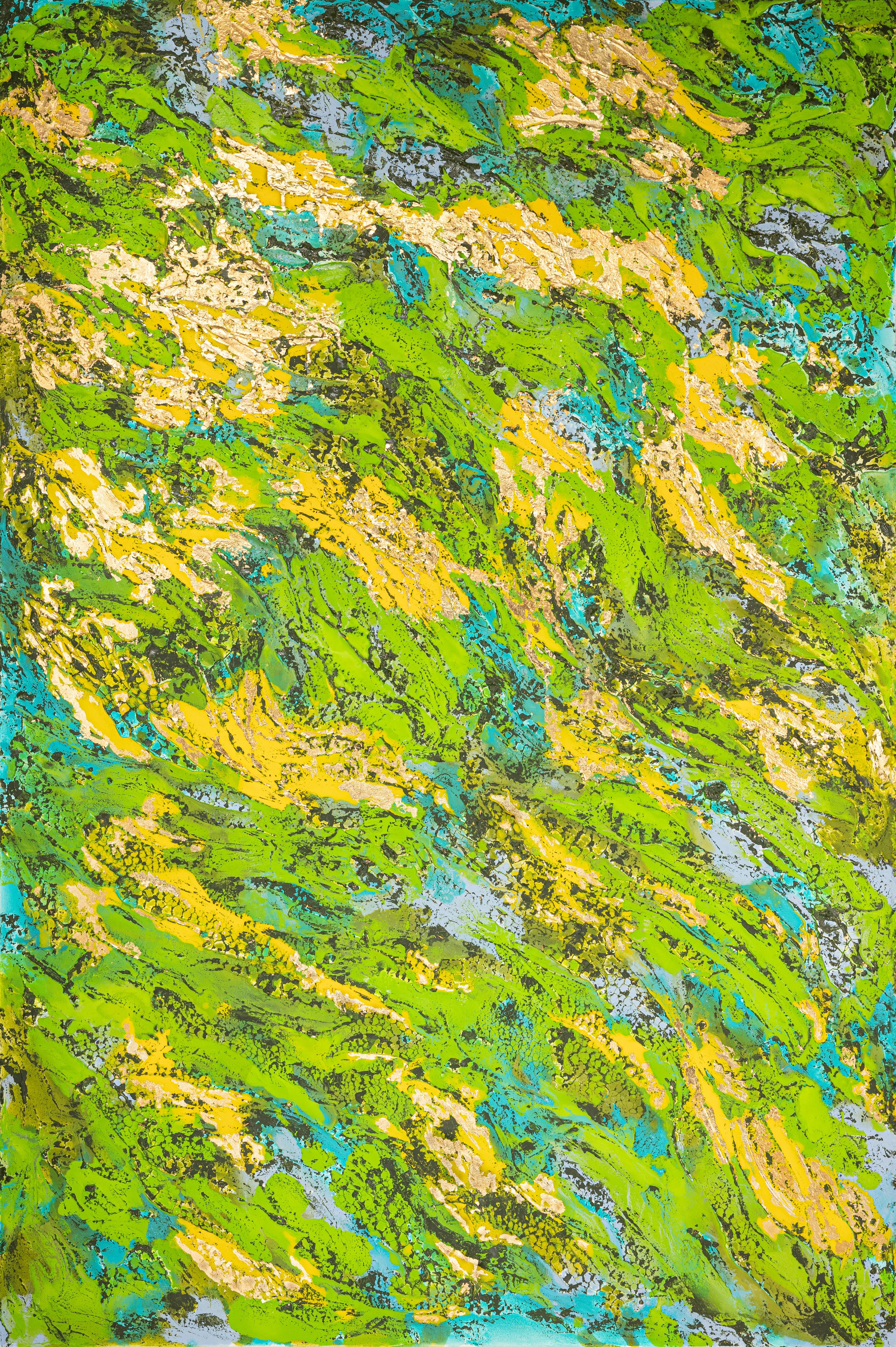 Spring, a stunning abstract painting by Birmingham artist Bobbie Whittaker, available at Seventh Circle Artworks & Aesthetics. This large, vibrant piece from the Seasons of the Forest series