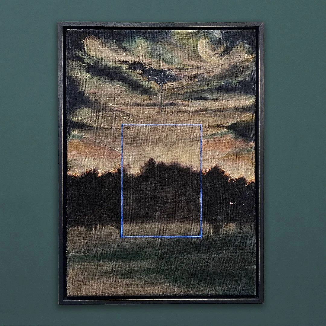 Abstract mixed‑media artwork by Hannah Pugh featuring a central portal revealing raw underpainting, with layered ink, bleach, acrylic and white gold on canvas.