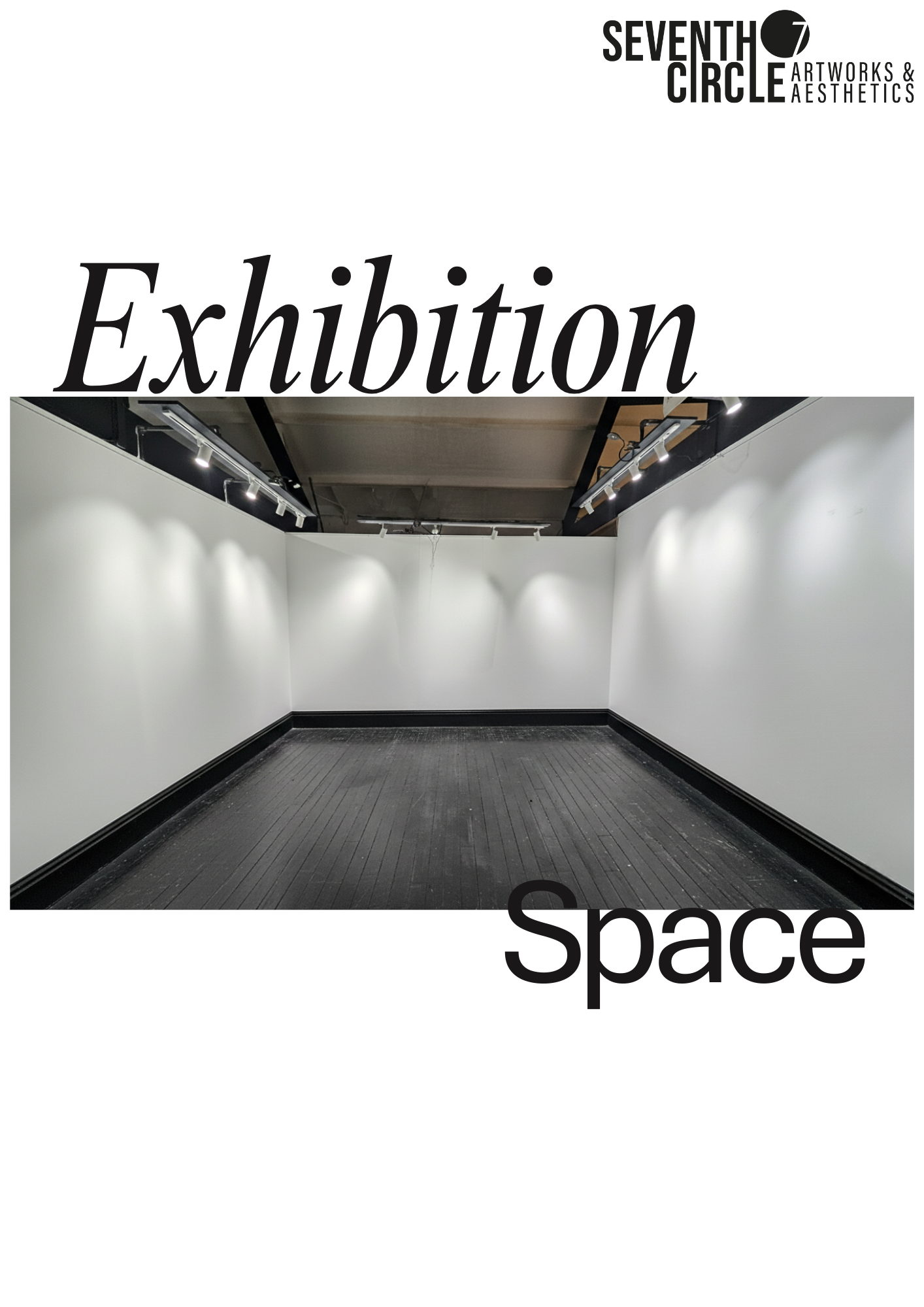 Empty art gallery space with white walls and black flooring, illuminated by ceiling spotlights.