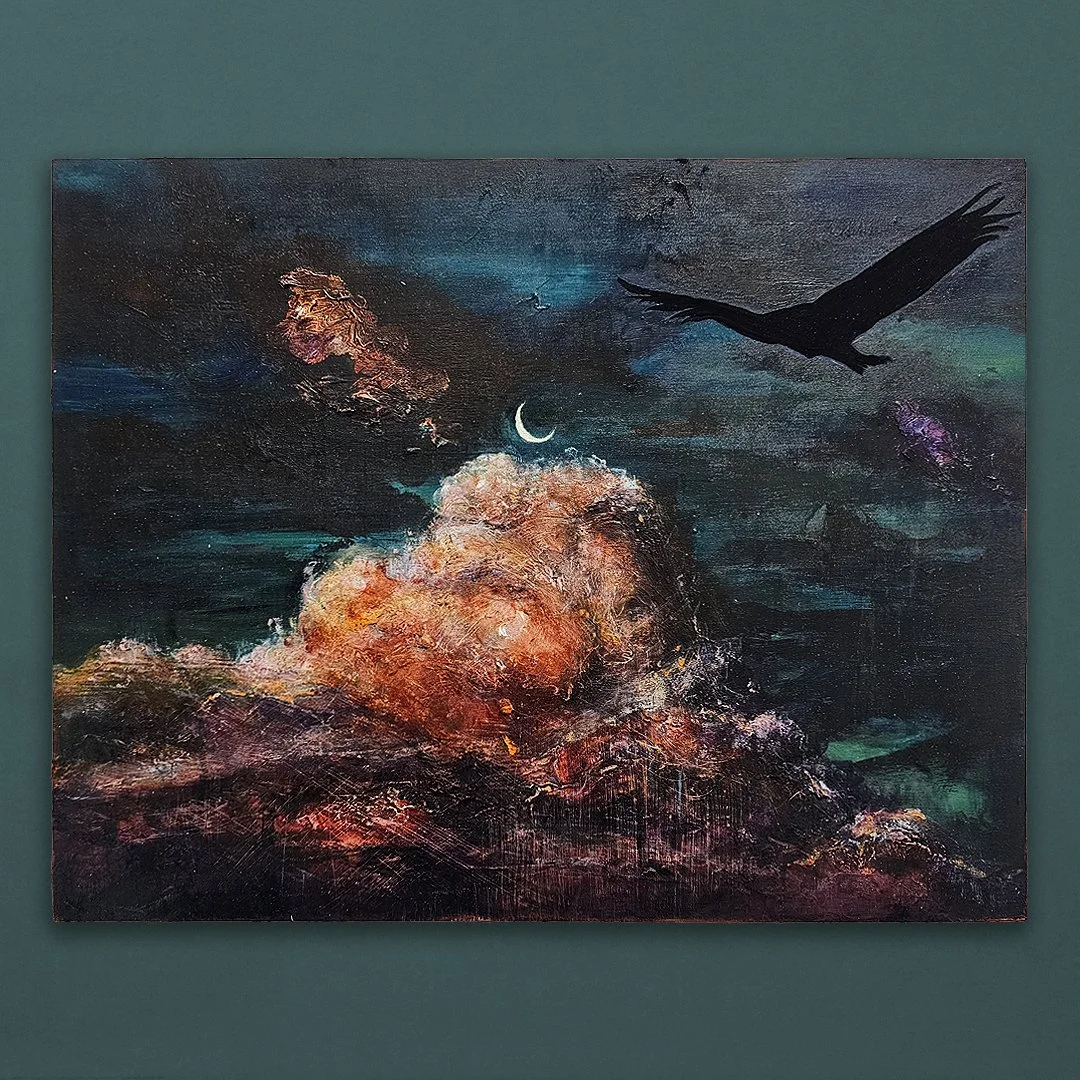 Abstract cloudscape by Hannah Pugh featuring acrylic, pastel and 23ct white gold on wooden panel, inspired by New Zealand’s crystal‑clear horizons.