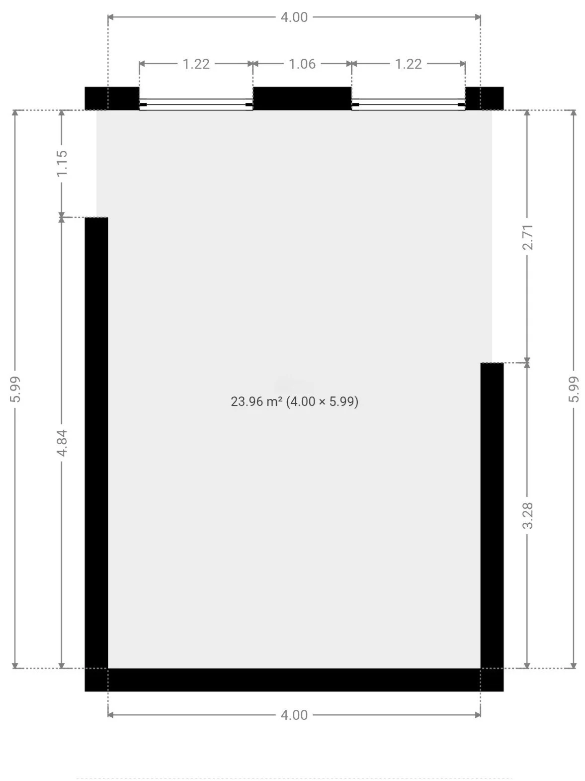 Floor plan of a room with dimensions indicating total area of 23.96 square meters, including walls and measurements for length and width.