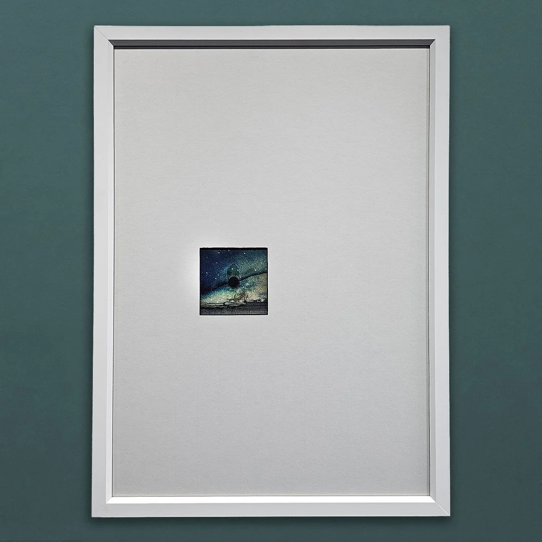 Ink and bleach artwork by Hannah Pugh on scratched cartridge paper, resembling a small keyhole‑like window.