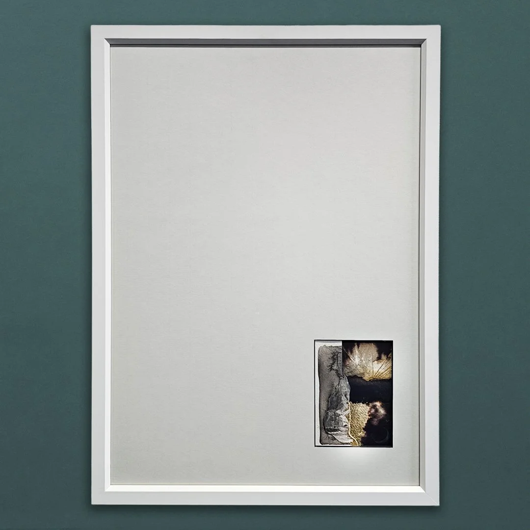 Small mixed‑media artwork by Hannah Pugh featuring writing ink, bleach, tattoo ink, an antique etching of St Michael’s Mount and 24ct gold leaf.