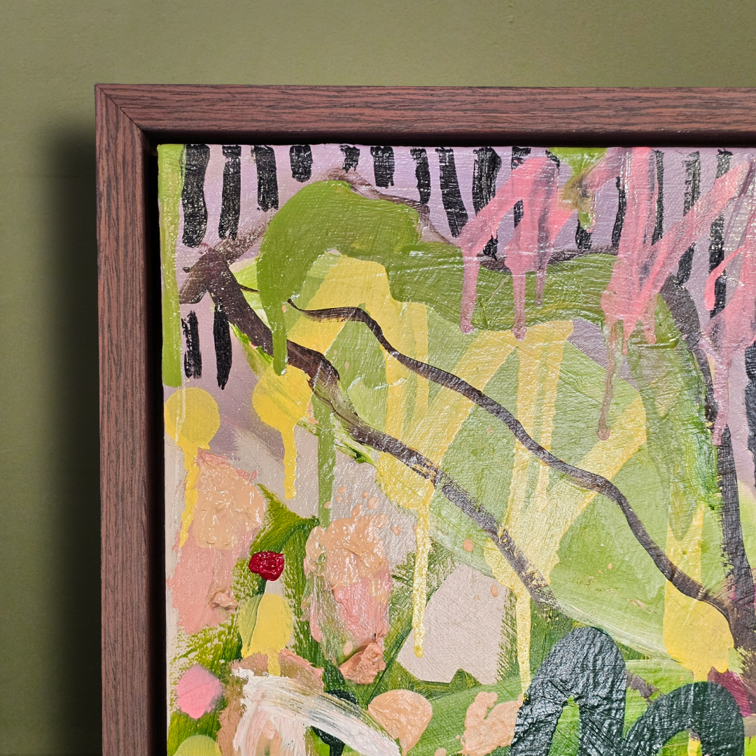 Seventh Circle Artworks Clare Chinnery oil spray paint original Her Heart as Light as Feathers Still She Weathers Stormy Skies frame.png