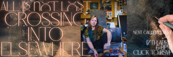 Collage of three images: neon text saying All Is Not Lost - Crossing Into Elsewhere, artist Hannah Pugh sitting in an art studio; and an invitation to a gallery event on April 7 from 6-8 PM.