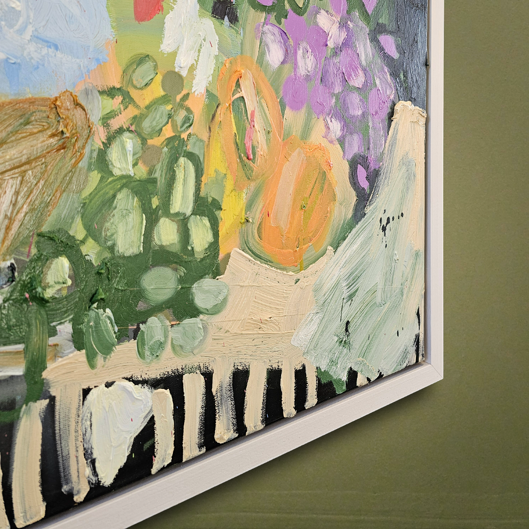 Seventh Circle Artworks Clare Chinnery Push Pineapple Shake A Tree oil spray paint original 1850 framed 2.png