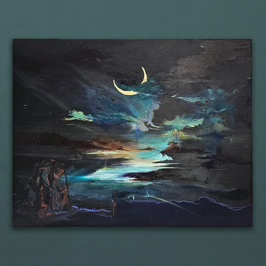 Mixed‑media cloudscape by Hannah Pugh with acrylic, pastel and white gold on wooden panel, depicting ephemeral clouds in a liminal sky.