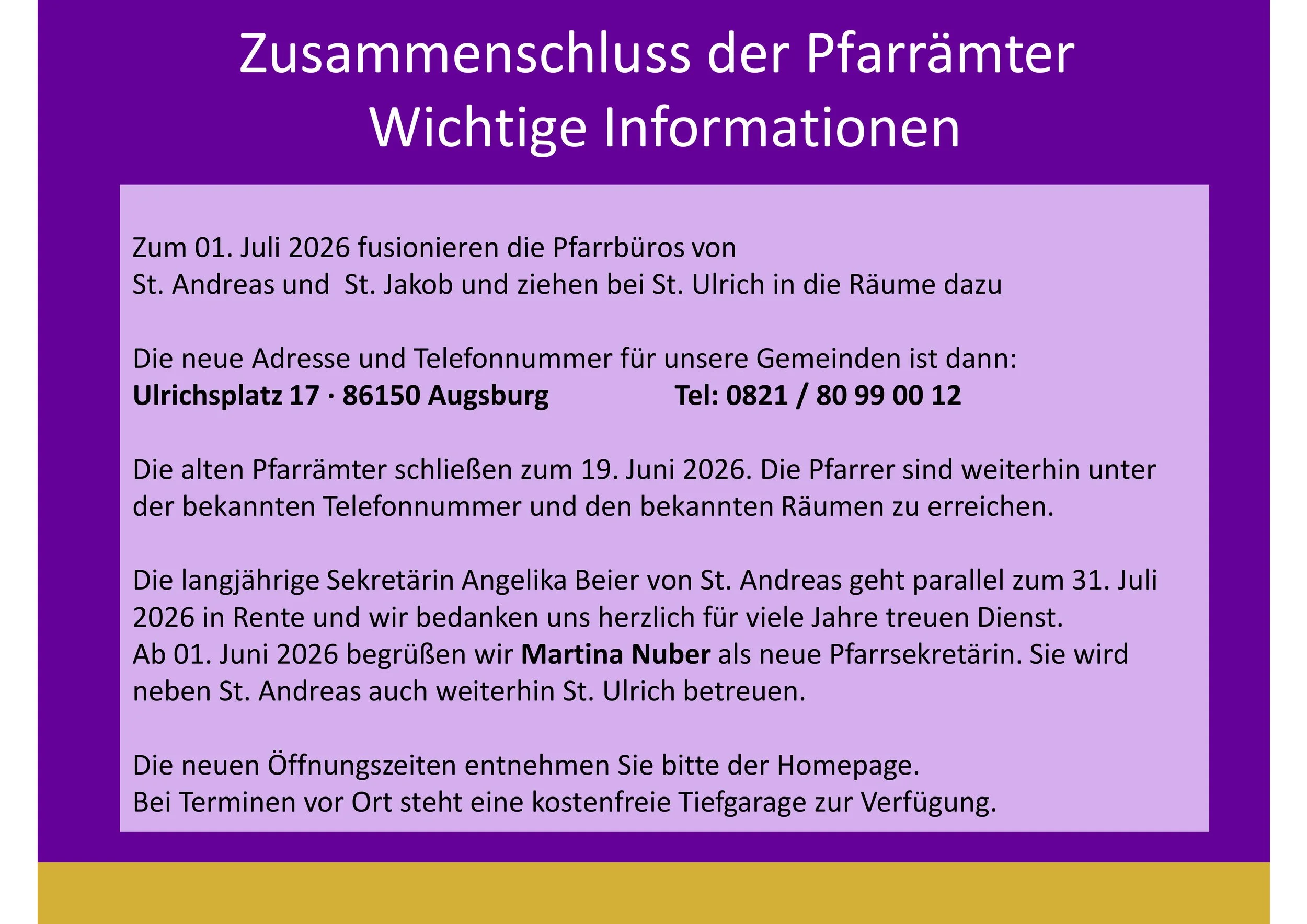 Zusammenschluss der Pfarrämter Wichtige Informationen