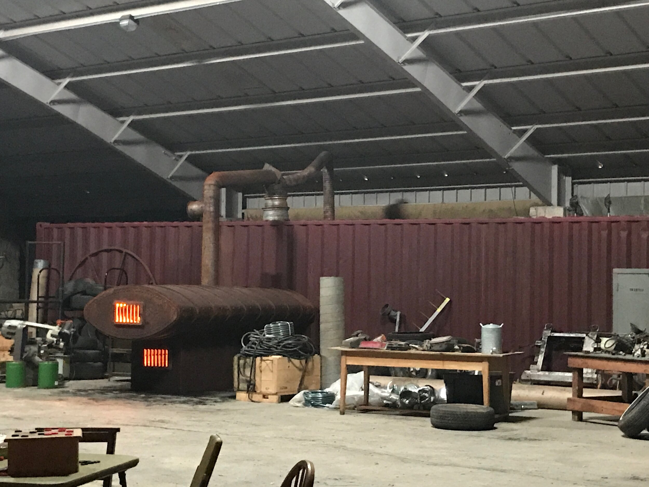 Painted rusty glowing furnace (middle left).