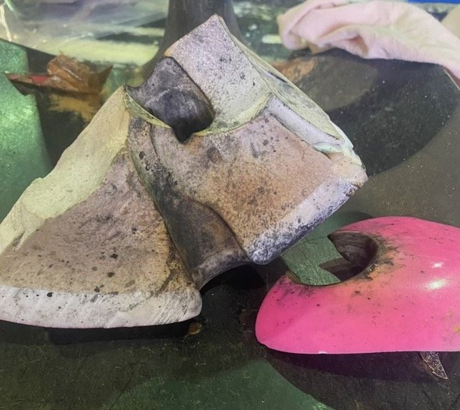 Burnt blown up bowling ball shards.