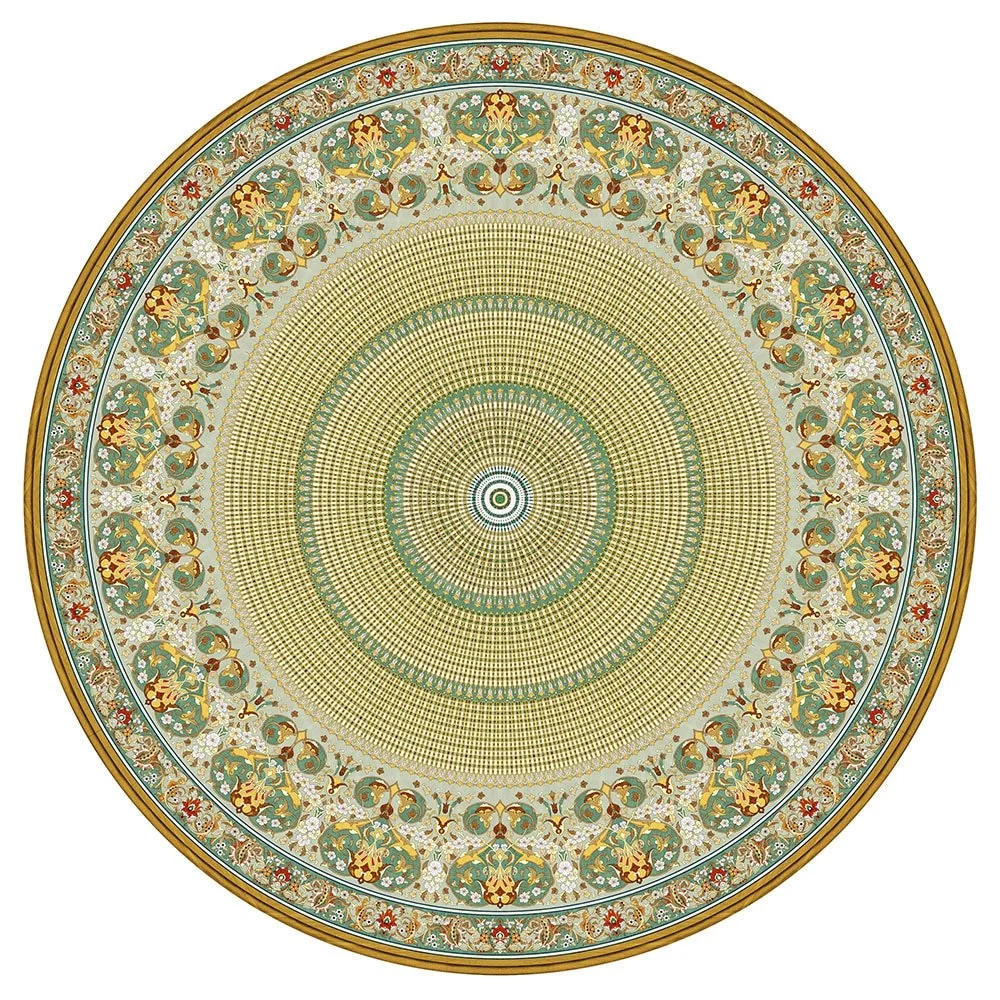 Ornate circular rug with intricate patterns and floral motifs in green, gold, and red hues.