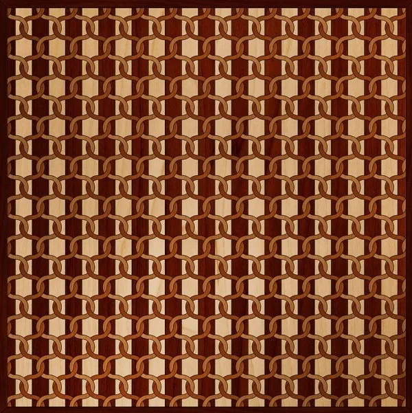 Intricate geometric wooden pattern with interlocking circular shapes in light and dark brown shades.