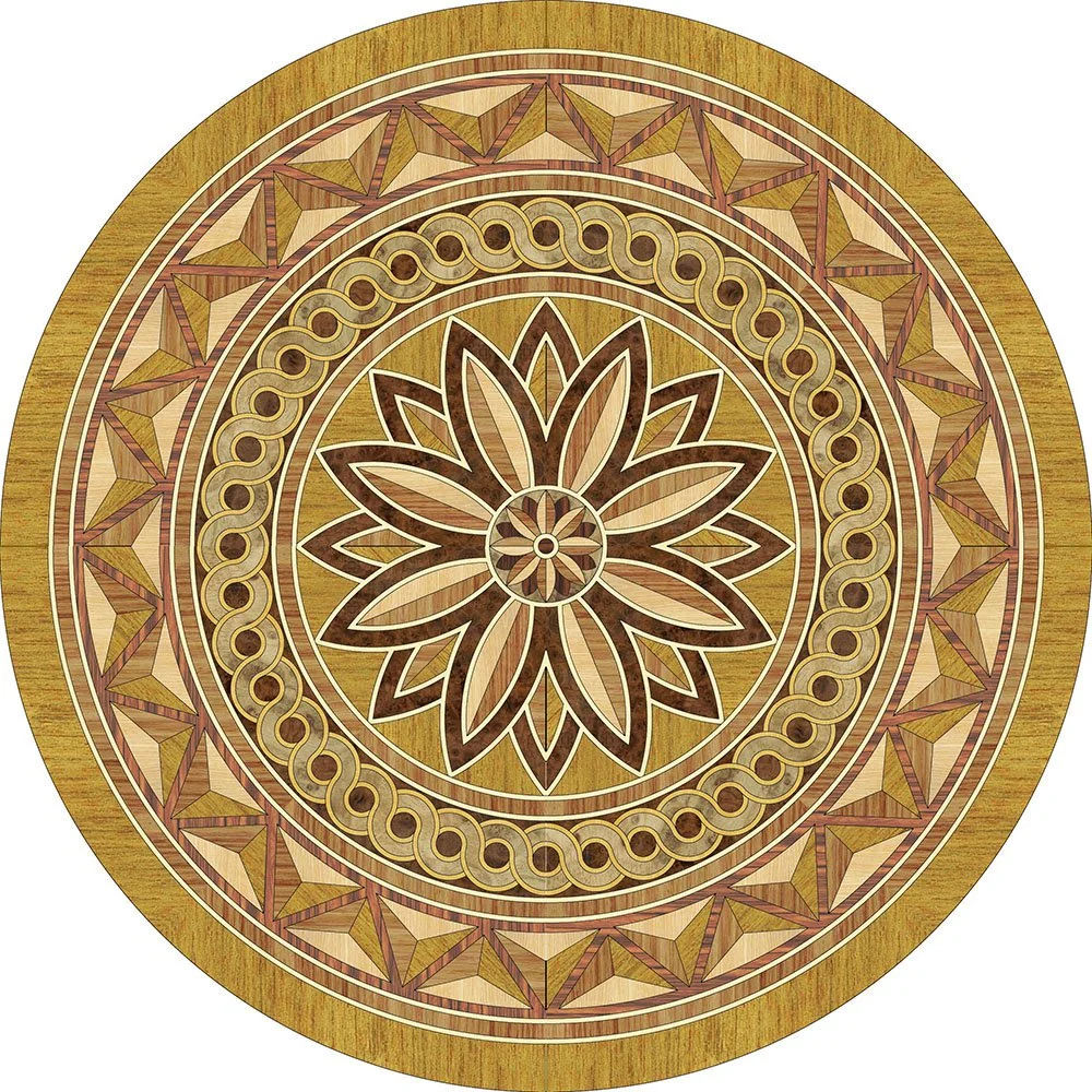 Circular wood mosaic design with floral and geometric patterns.