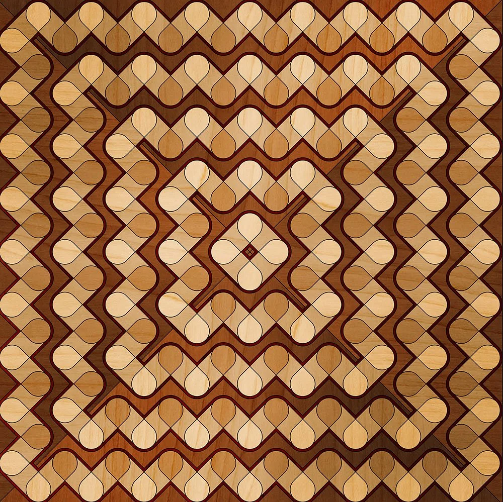 Intricate geometric wood inlay pattern with brown, beige, and cream tones in a symmetrical design.