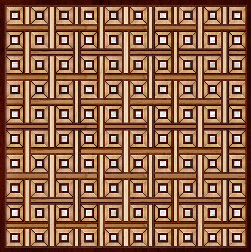 Geometric wood pattern with interlocking squares and lines in shades of brown.