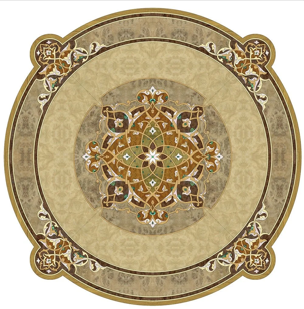 Intricate circular mosaic design with floral and geometric patterns in earthy tones.
