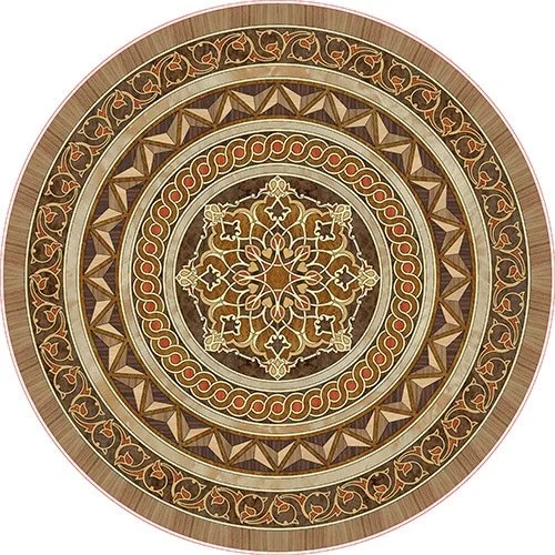 Circular mandala pattern with intricate geometric and floral designs, featuring earthy tones.