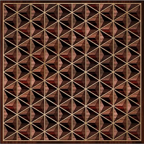Geometric wooden pattern with interlocking triangles and diamond shapes in a grid, featuring various shades of brown and gold outlines.