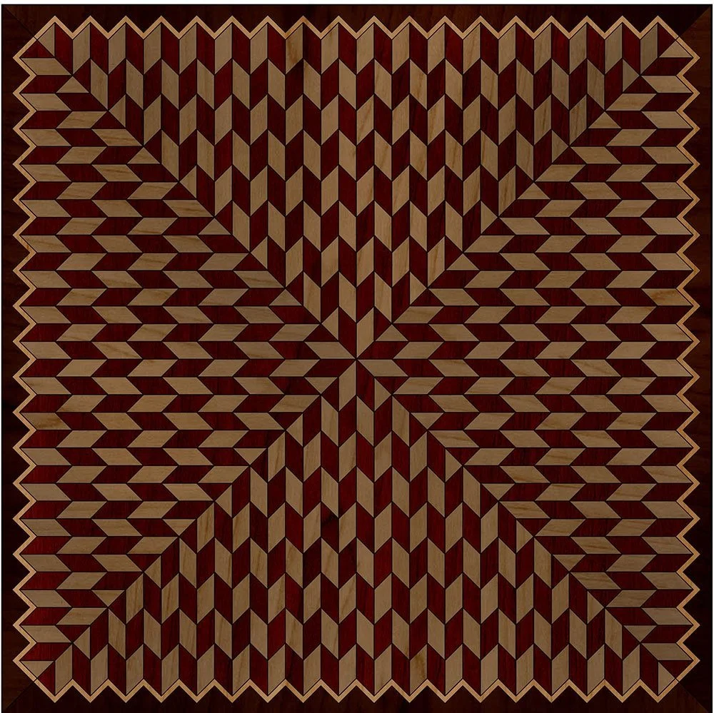 Geometric pattern on a wooden surface with interlocking maroon and beige cubes, creating a three-dimensional optical illusion.