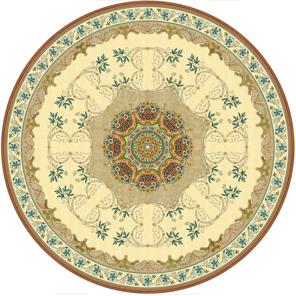Intricate circular mandala design with floral and leaf patterns in green, blue, and earth tones on a beige background, featuring a central ornate motif.