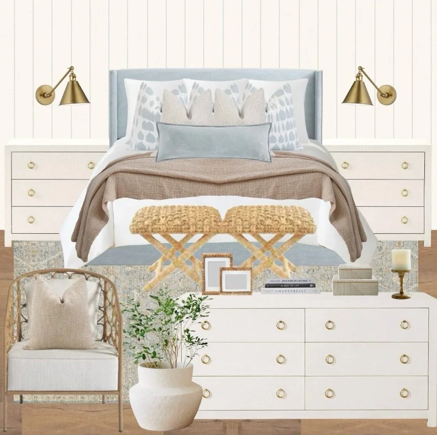 Wrapping the week with a client&rsquo;s primary bedroom design! ✨ Relocating here to the south, giving them a coastal inspired retreat! 💙