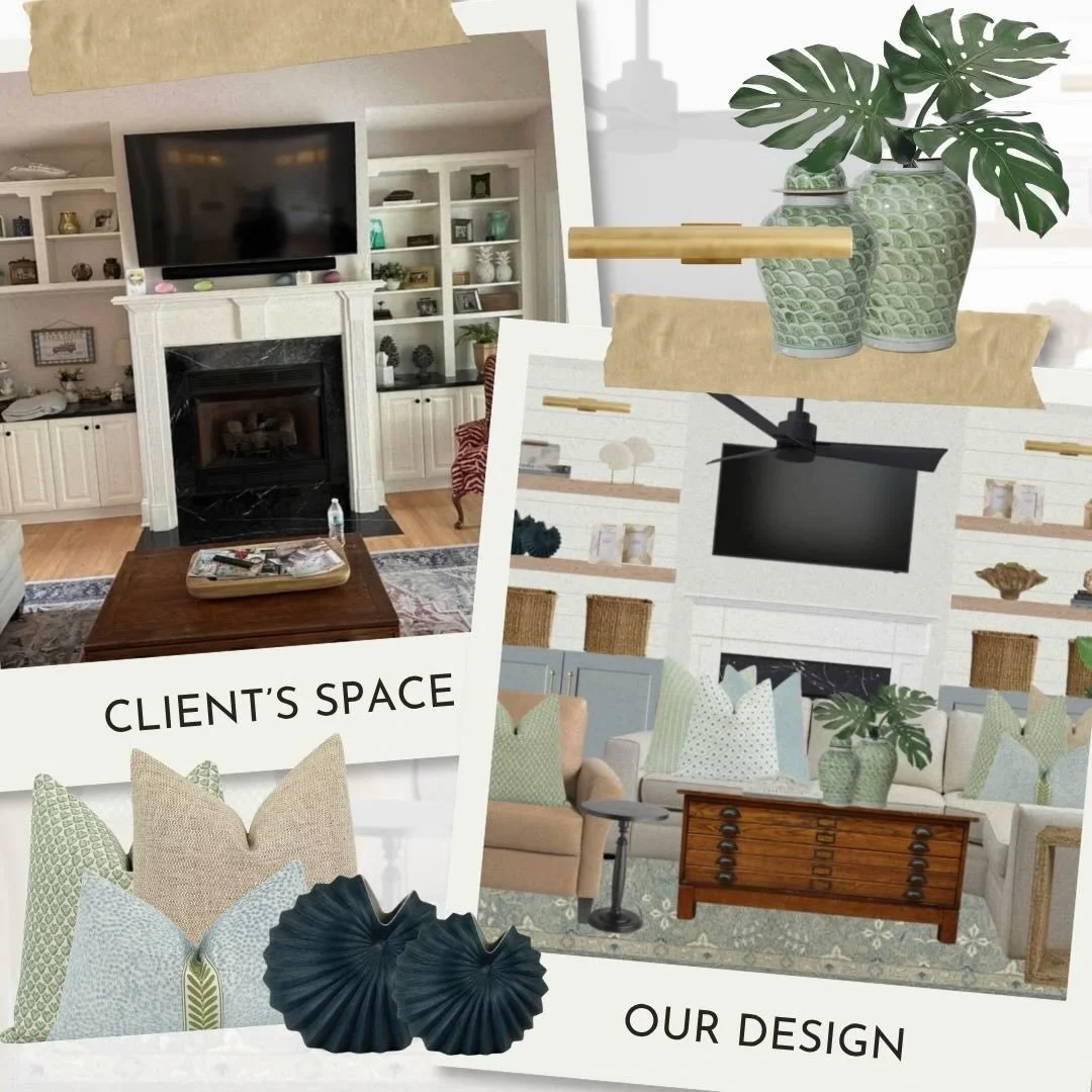 New week, new designs! A look into our client&rsquo;s living room revamp! ✨ The current space > our design plans > visual for their review to really capture the look and feel once complete! ✔️ If you and your space need our love, let&rsquo;s ta