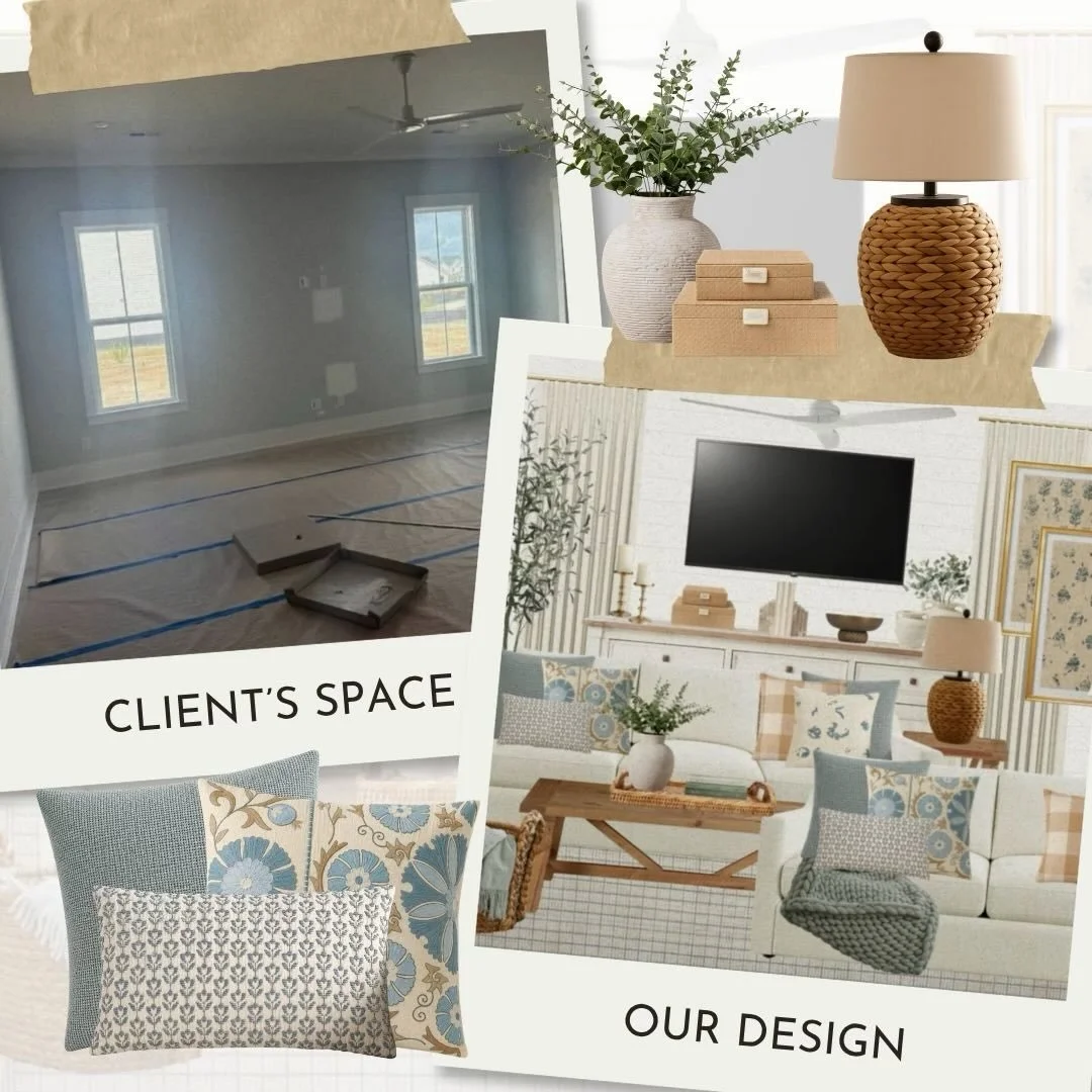 New week, new designs! A look into our client&rsquo;s living plan for their new home moving to the lowcountry from Atlanta! ✨ The current space as it approaches build completion > our design direction > visual for their review to really capture