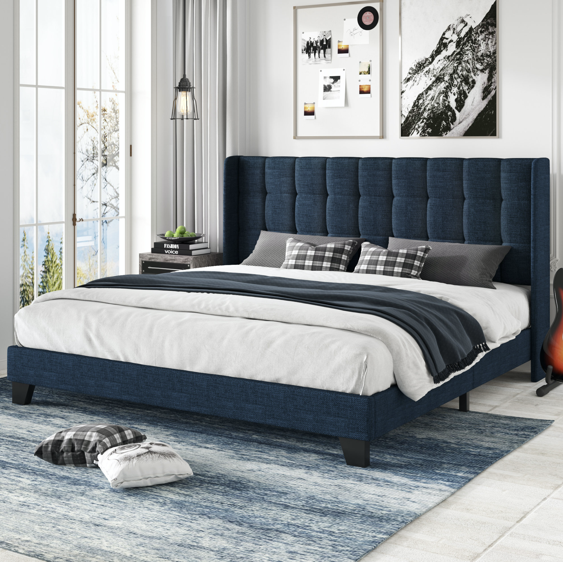 Wingback Bed Frame, Navy Blue - Option 2