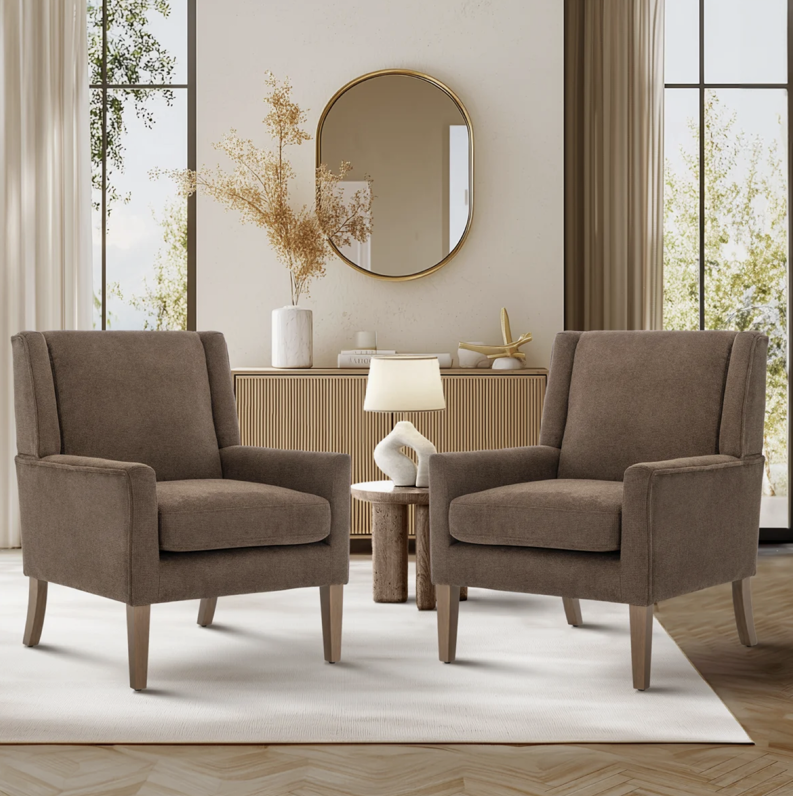 Wide Wing Back Upholstered Accent Armchair (Set of 2), Brown Linen, x 1