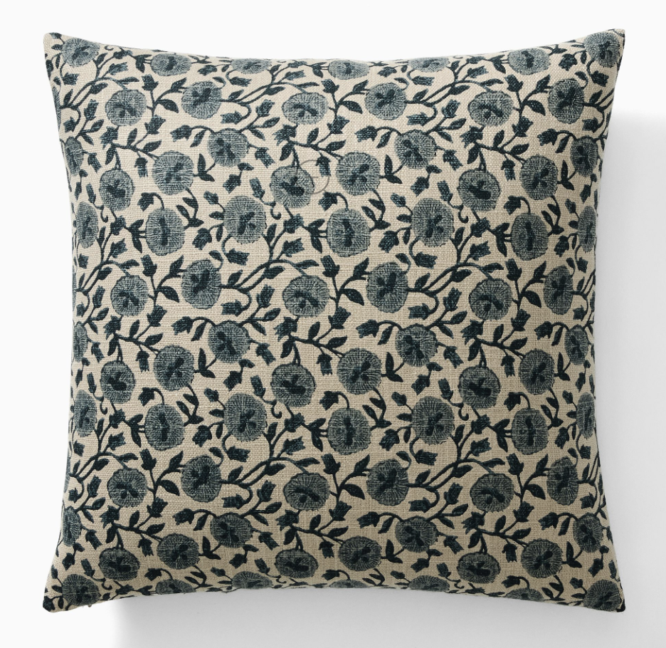 Laney Floral Pillow Cover, Chambray, Pillow Cover + Down Alternative Insert