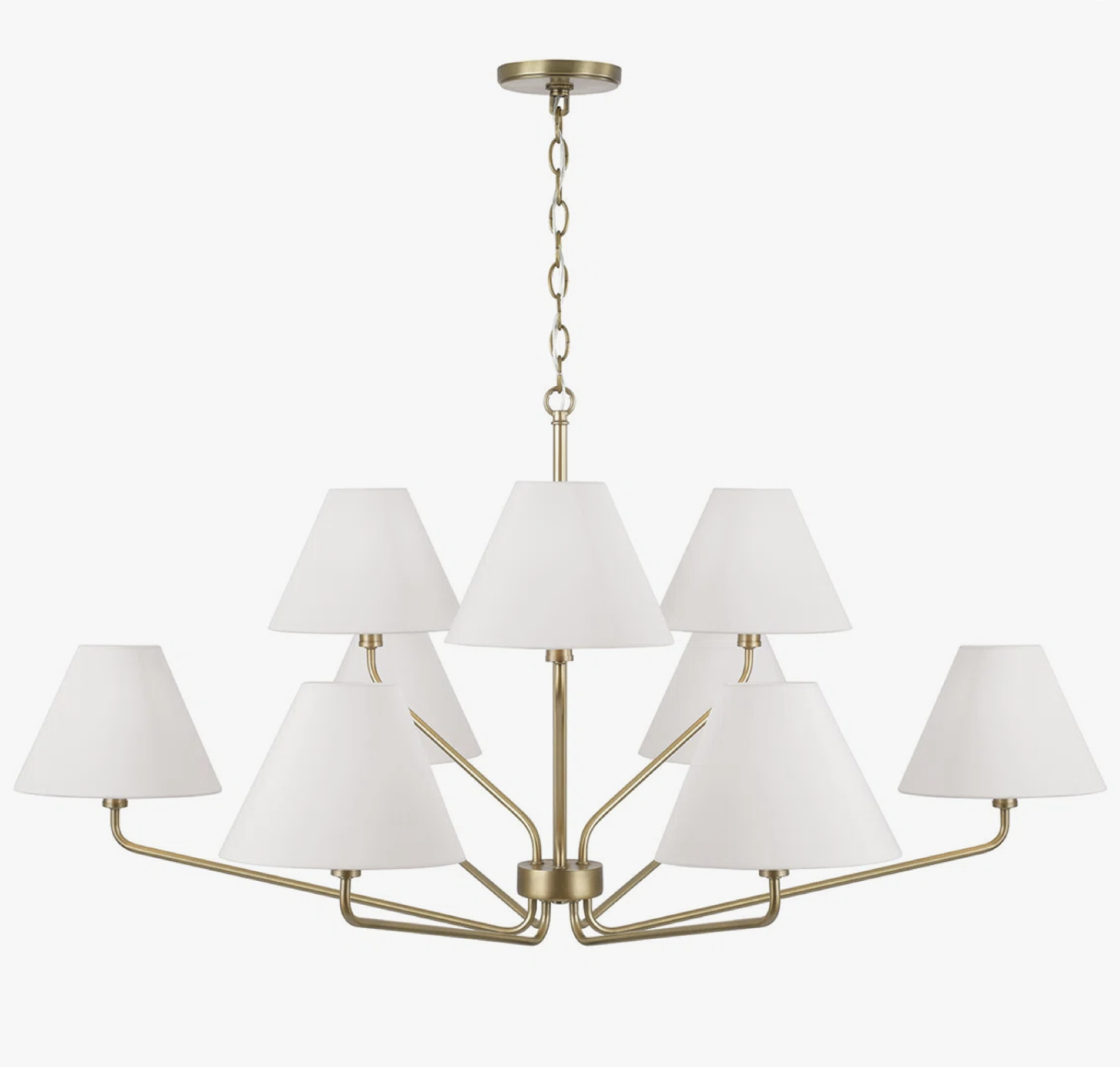 Chadwick 45 in. 9-Light Aged Brass Two-Tier Chandelier with White Fabric Shades, x 2