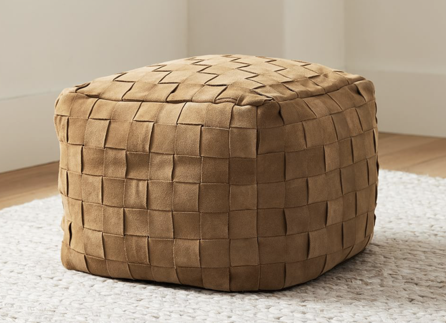 Suede Basketweave Pouf, Camel 