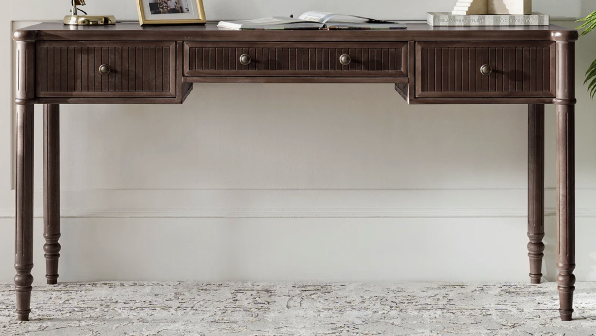 Hoai 60''W Transitional Fluted Simple Assembly Desk with Charging Station and Cable Management, Walnut, x 6