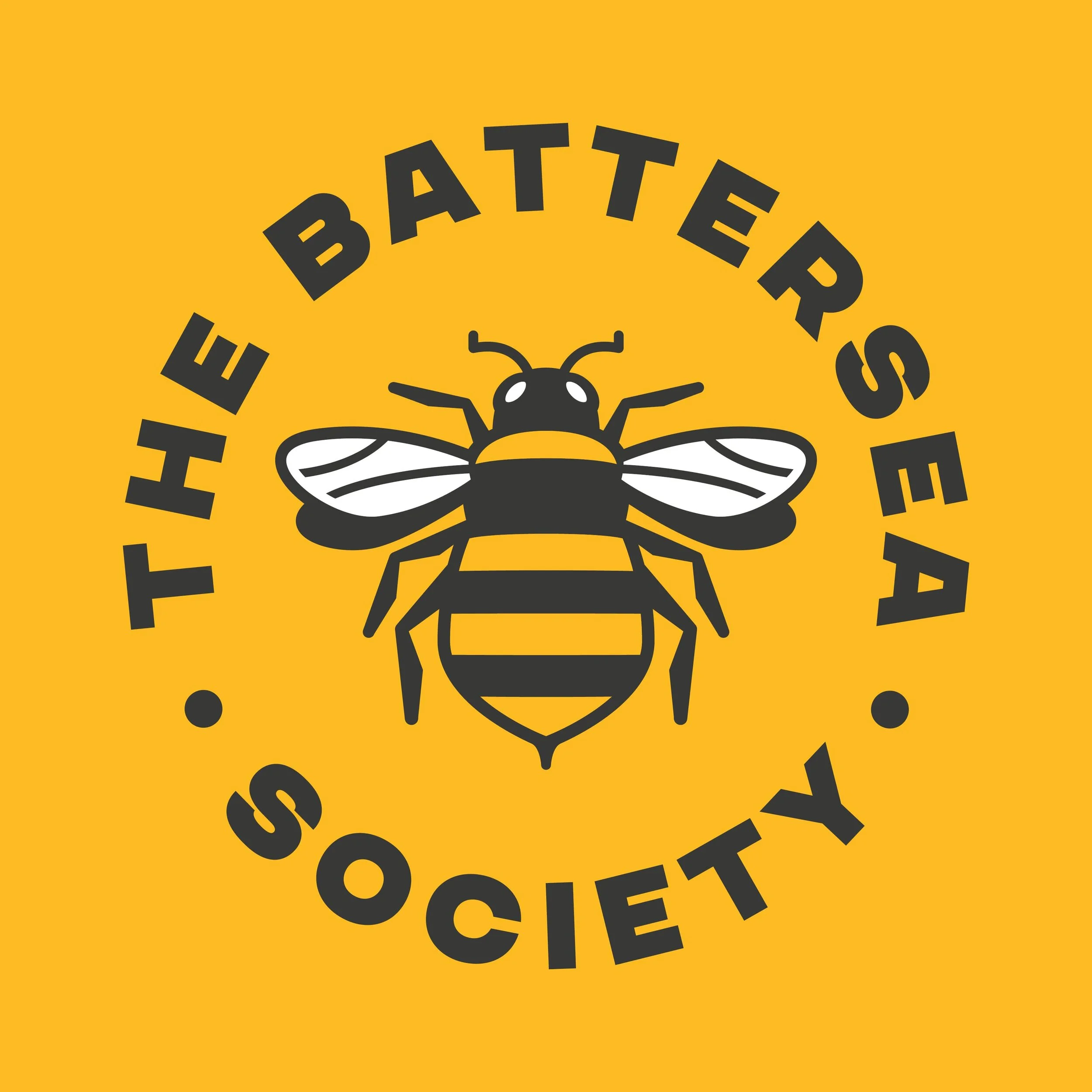 Logo of the Battersea Society featuring a bee illustration and the society's name in a circular arrangement on a yellow background.