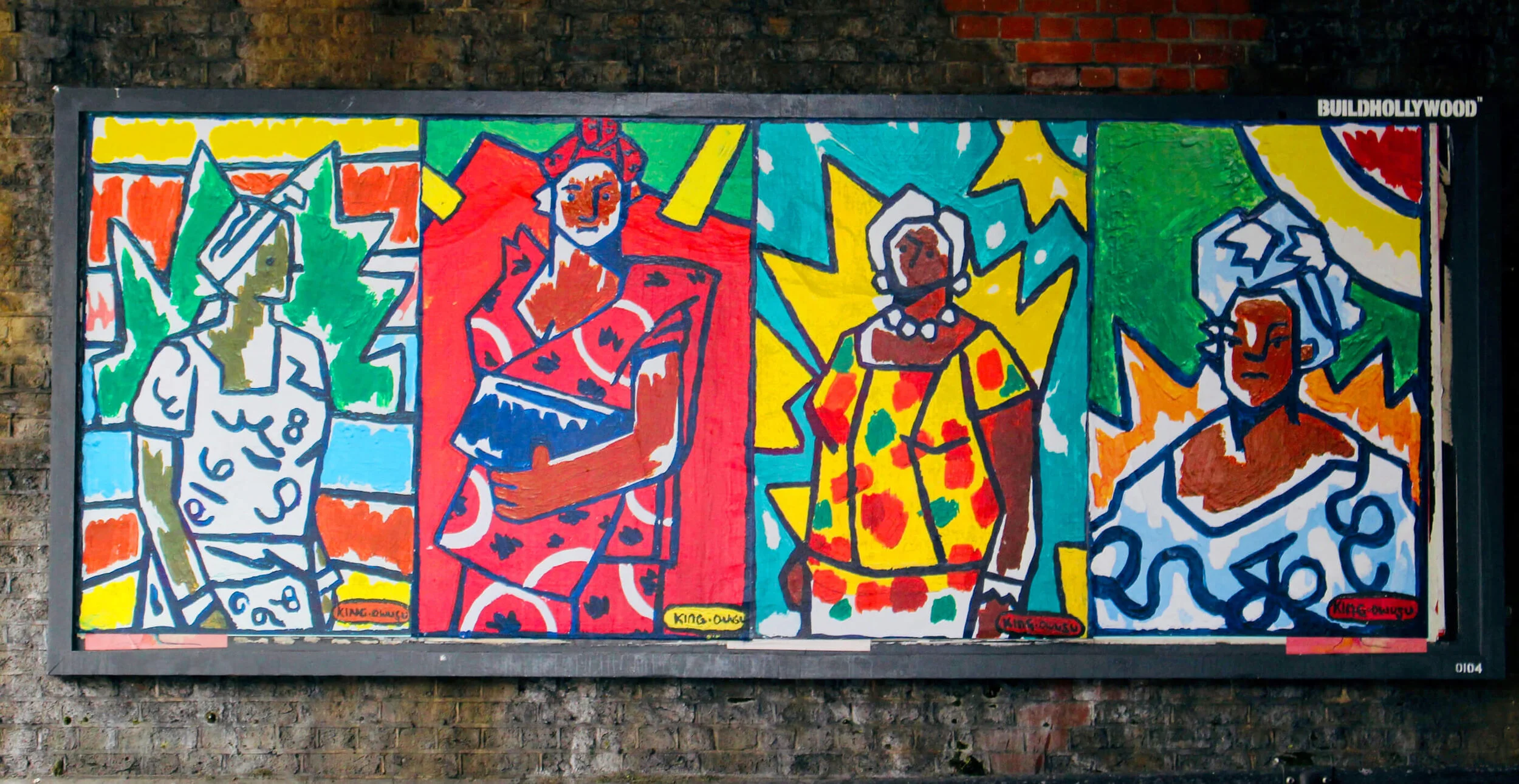 Bright, colorful mural featuring four stylized portraits of women with bold outlines and vibrant backgrounds, each with different clothing and hairstyles, signed by King Owusu.