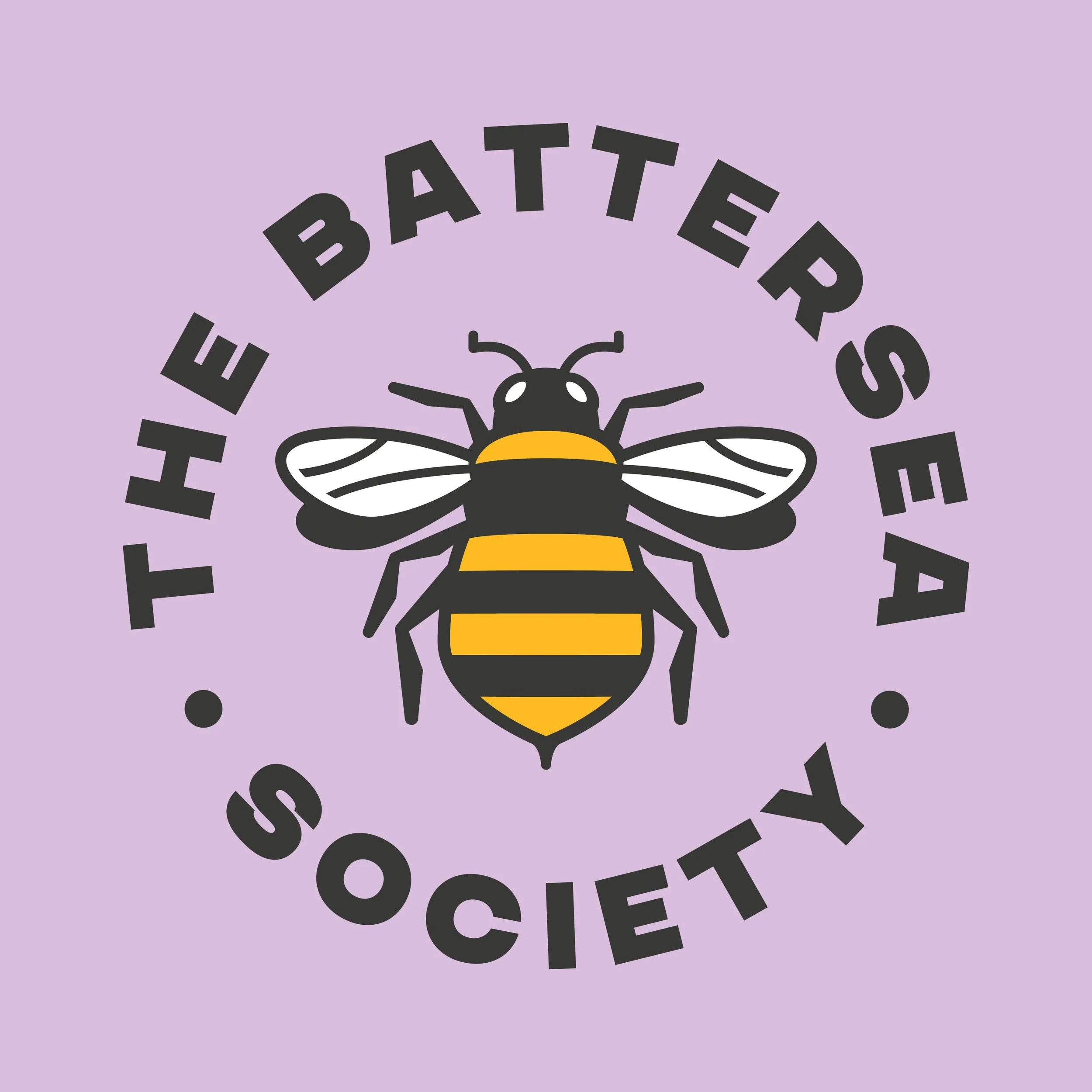 A logo for the Battersea Society featuring a bee with black and yellow stripes, with the text 'the Battersea Society' encircling it on a lavender background.