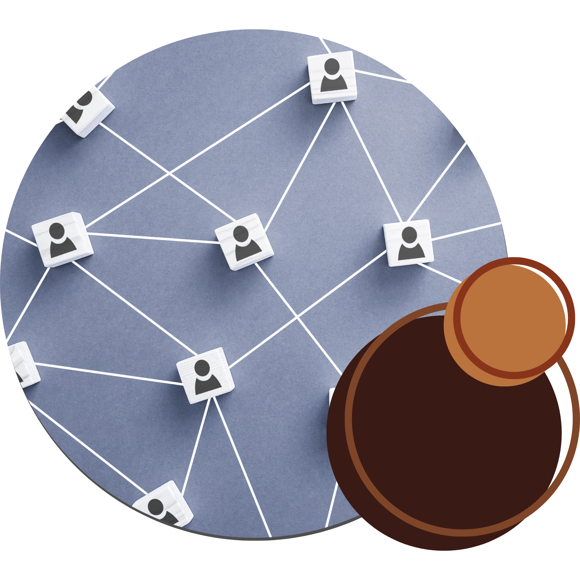 A web of user icons connected with while lines, on a grey background.