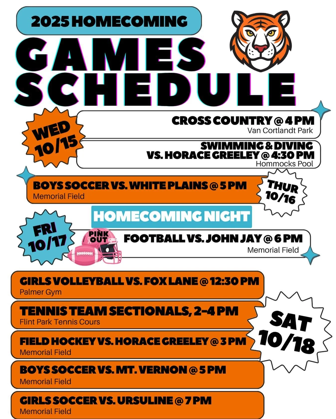 🎉 It’s Homecoming Week, Tigers! 🐾 Let’s show our Tiger Pride from October 15–18 as we cheer on our amazing student-athletes! Wear your orange and black all week long and come support our teams at Memorial Field, Flint Park, Hommoc