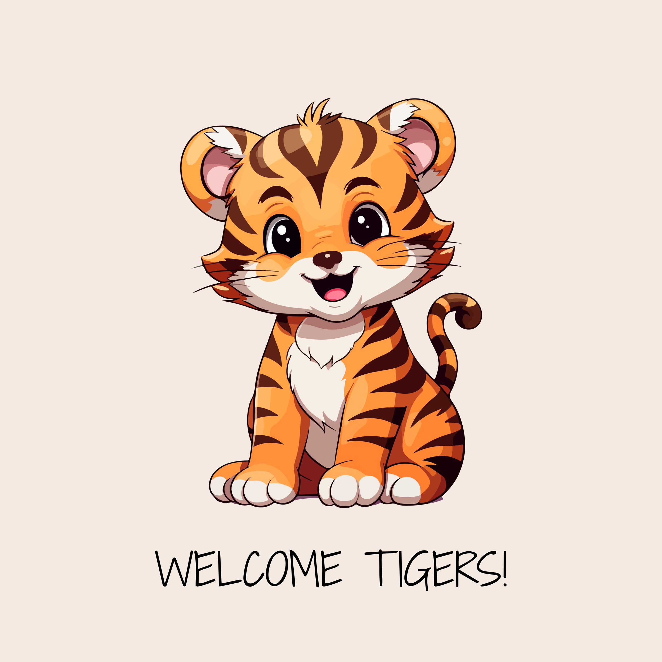 Cute cartoon tiger cub with big eyes and a wide smile, sitting on a light background with the text 'Welcome Tigers!'