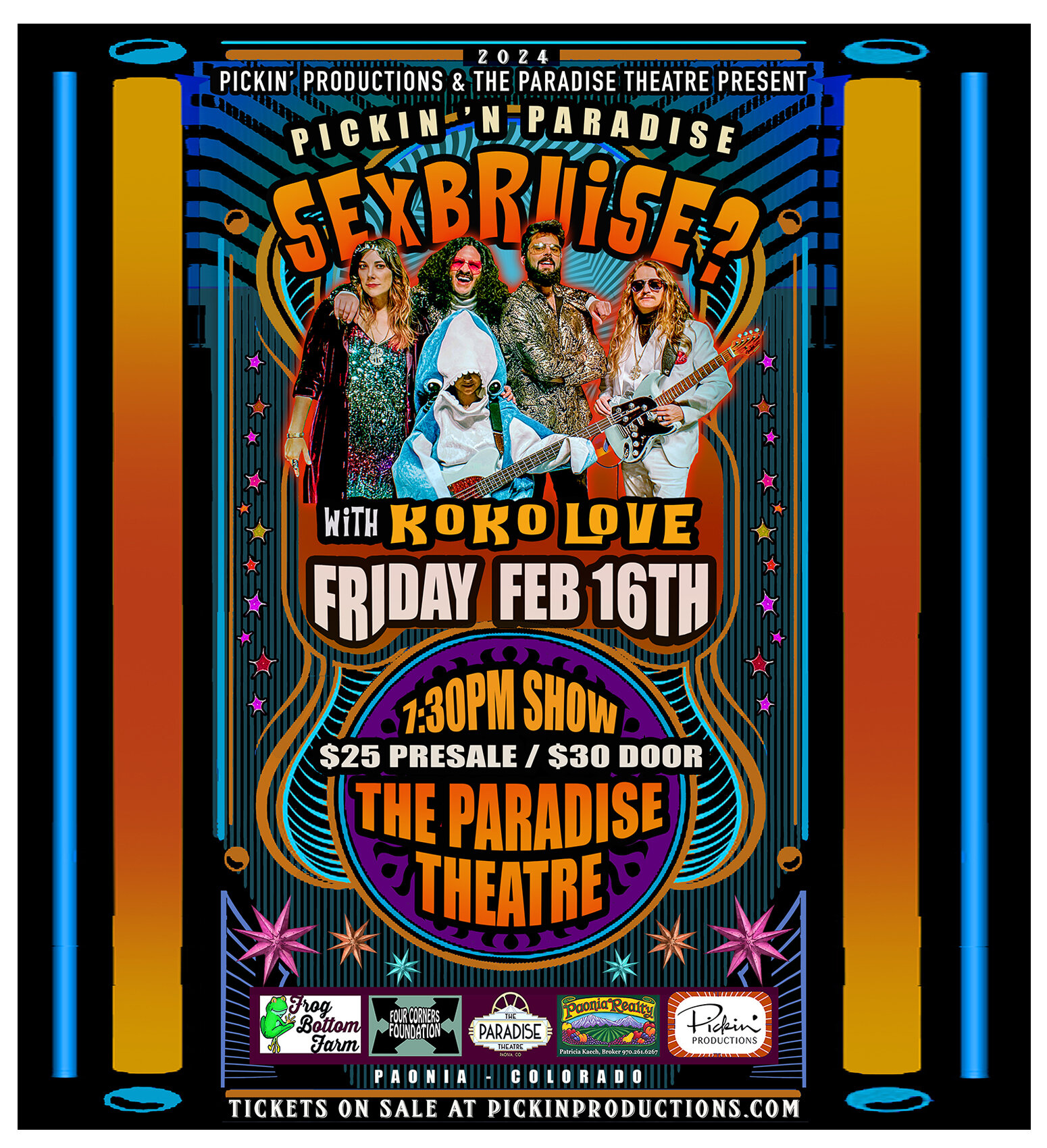 Join us for the second show in our Pickin 'n Paradise series featuring Sexbruise? with special guest @djkokolove on Friday, Feb. 16th at Paradise Theatre of Paonia.

Showtime 7:30pm. Tickets $25 presale / $30 door.

Purchase tickets here: https://www