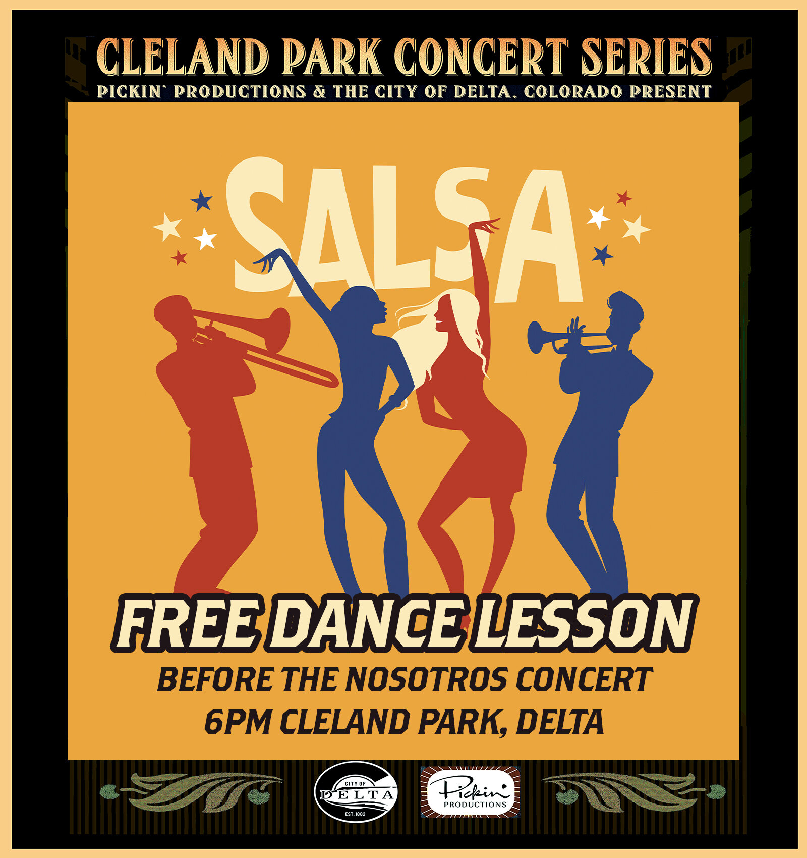Join us for a free Salsa Dance Lesson before the Nosotros concert at Cleland Park in Delta on Wednesday 9/27 @ 6pm!

Presented by Pickin' Productions and City Delta Colorado.

#nosotrosmusic #concert #salsa #dance #lesson #free #clelandpark #deltacol