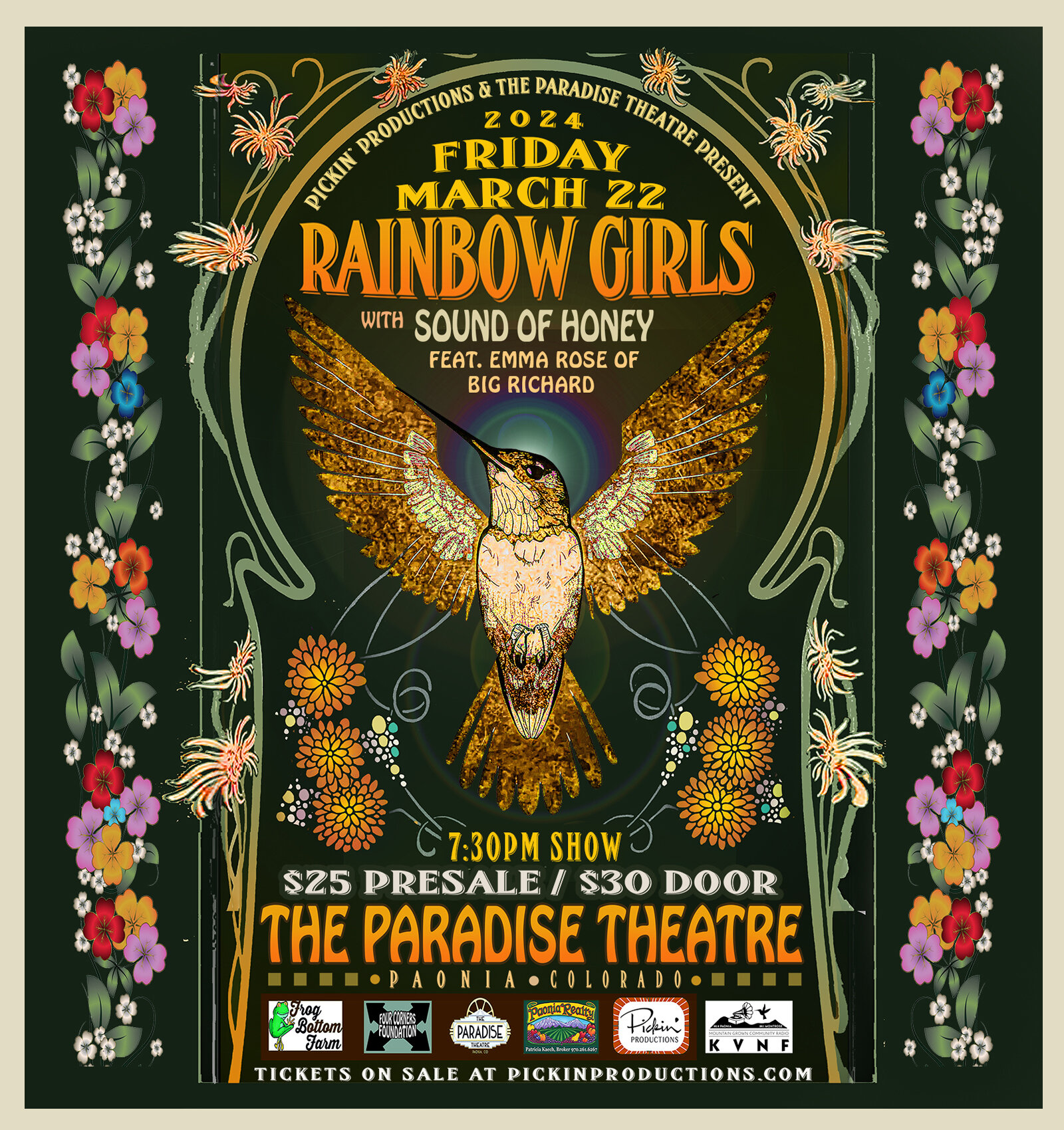 Pickin' Productions and @paradisepaonia  present @rainbowgirlsband with @soundofhoney (Emma Rose formerly of Big Richard) on Friday, March 22nd at Paradise Theatre of Paonia.

Rainbow Girls are &quot;A gang of sweet angels punching you in the heart.&