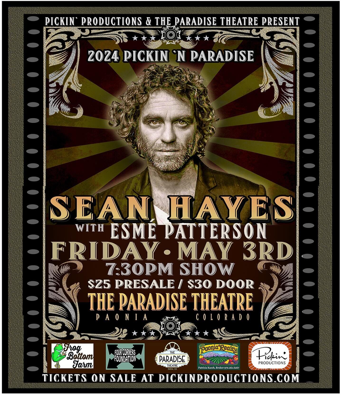 🎶 Join us at Paradise Theatre of Paonia, CO for an unforgettable night with Sean Hayes, the Bay Area&rsquo;s unique singer-songwriter blending R&amp;B and folk, on May 3rd at 7:30 PM! 

With special guest Esm&eacute; Patterson!

🎤 Get your tickets 