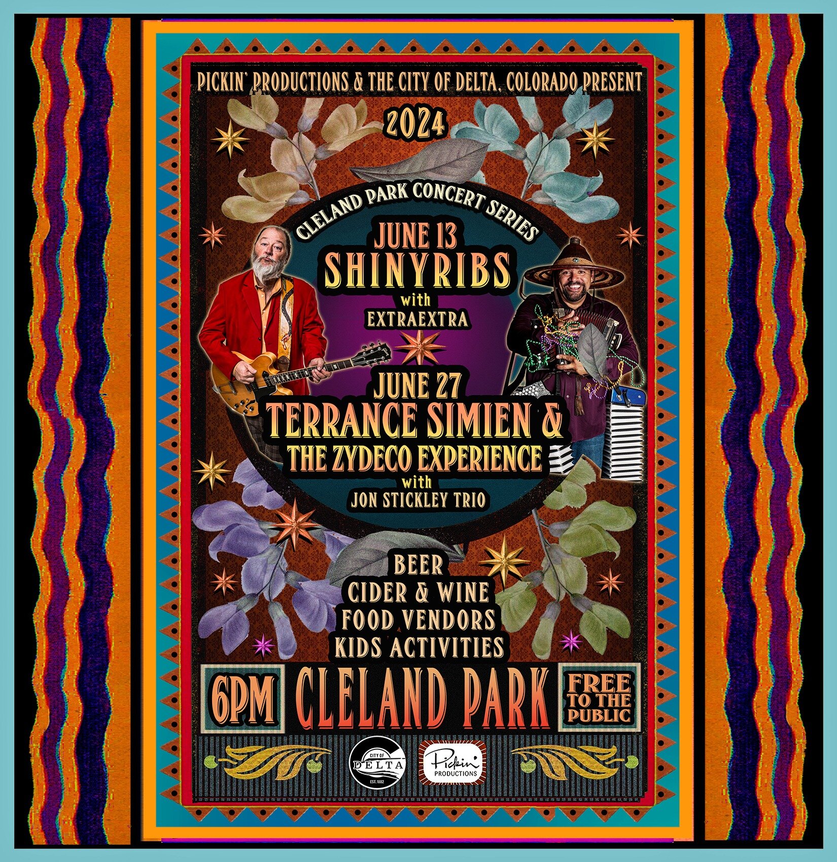 Pickin' Productions  and City Delta Colorado present the 2024 Cleland Park Concert Series! 🎼🎹🥁🎸

📣 Join us in June for two Thursdays of FREE music in Cleland Park!

June 13th: Shinyribs  with ExtraExtra 
June 27th: Terrance Simien &amp; The Zyde