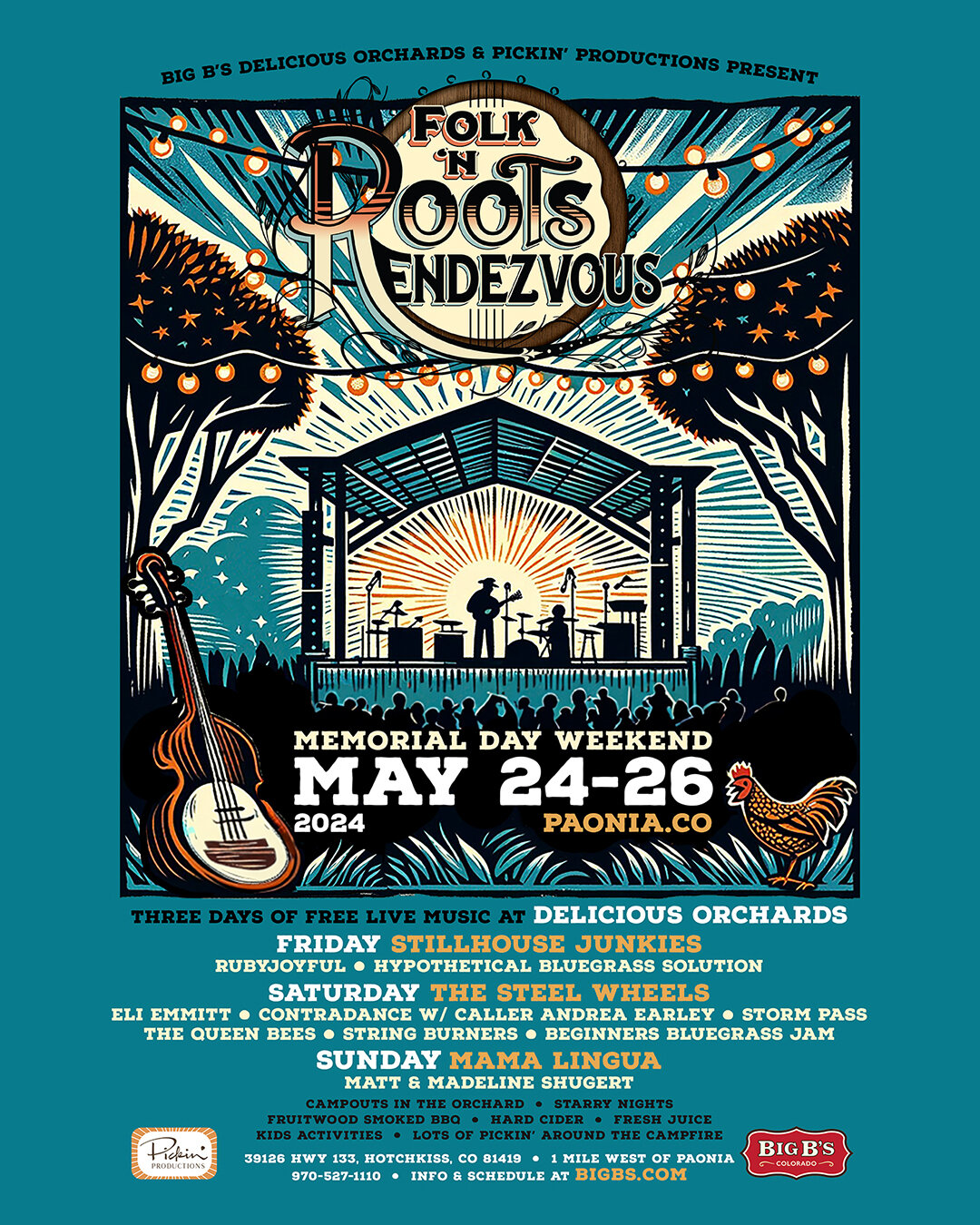 📣 ANNOUNCEMENT 🎹 @drinkbigbs and Pickin' Productions present Folk 'n Roots Rendezvous 2024. Three days of FREE LIVE MUSIC at Delicious Orchards over Memorial Day weekend. 

Our stellar lineup includes:
@thesteelwheels 
@stillhousejunkies 
@elicemmi