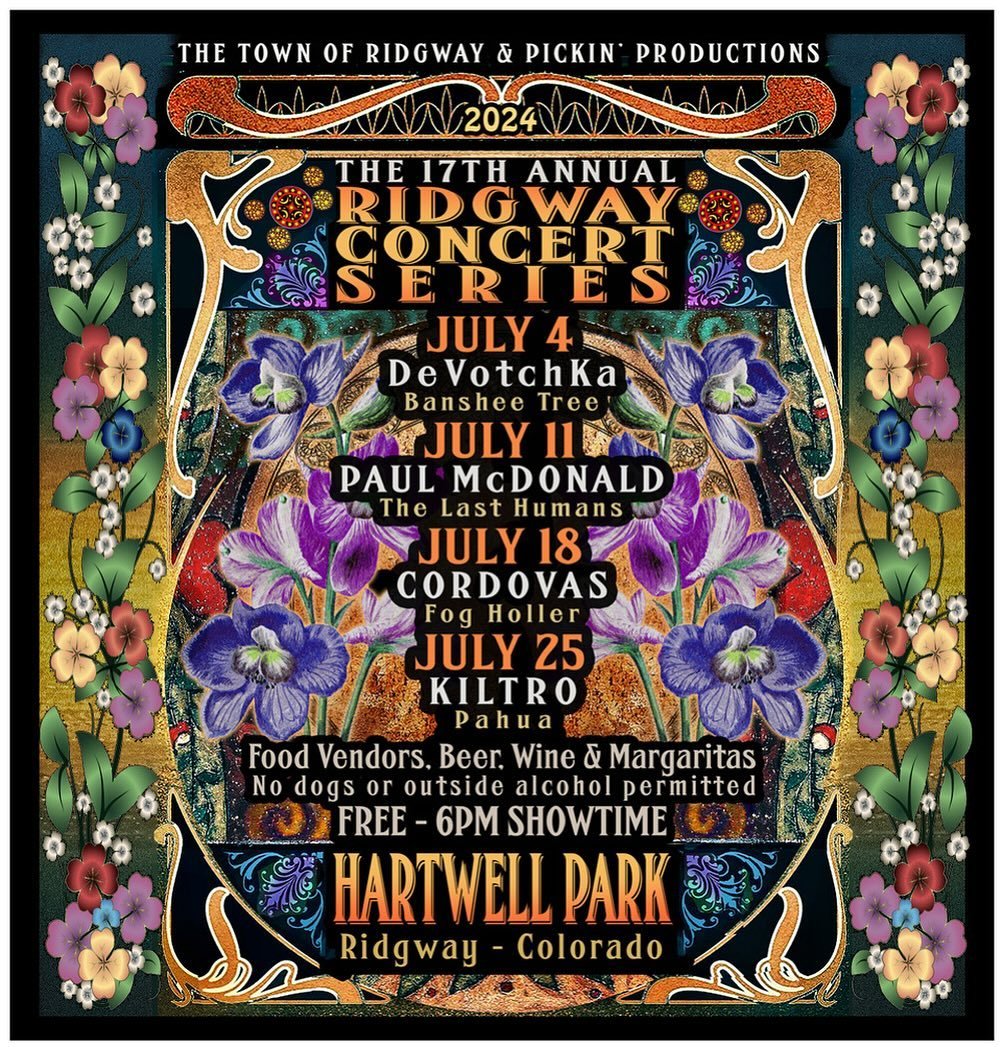 📣 Town of Ridgway and Pickin&rsquo; Productions present the 17th Annual Ridgway Concert Series at Hartwell Park on Thursdays in July.

🎼 2024 Lineup:
- July 4: @devotchkamusic&nbsp;&nbsp;with @bansheetree 
- July 11: @thepaulmcdonald&nbsp;&nbsp;wit