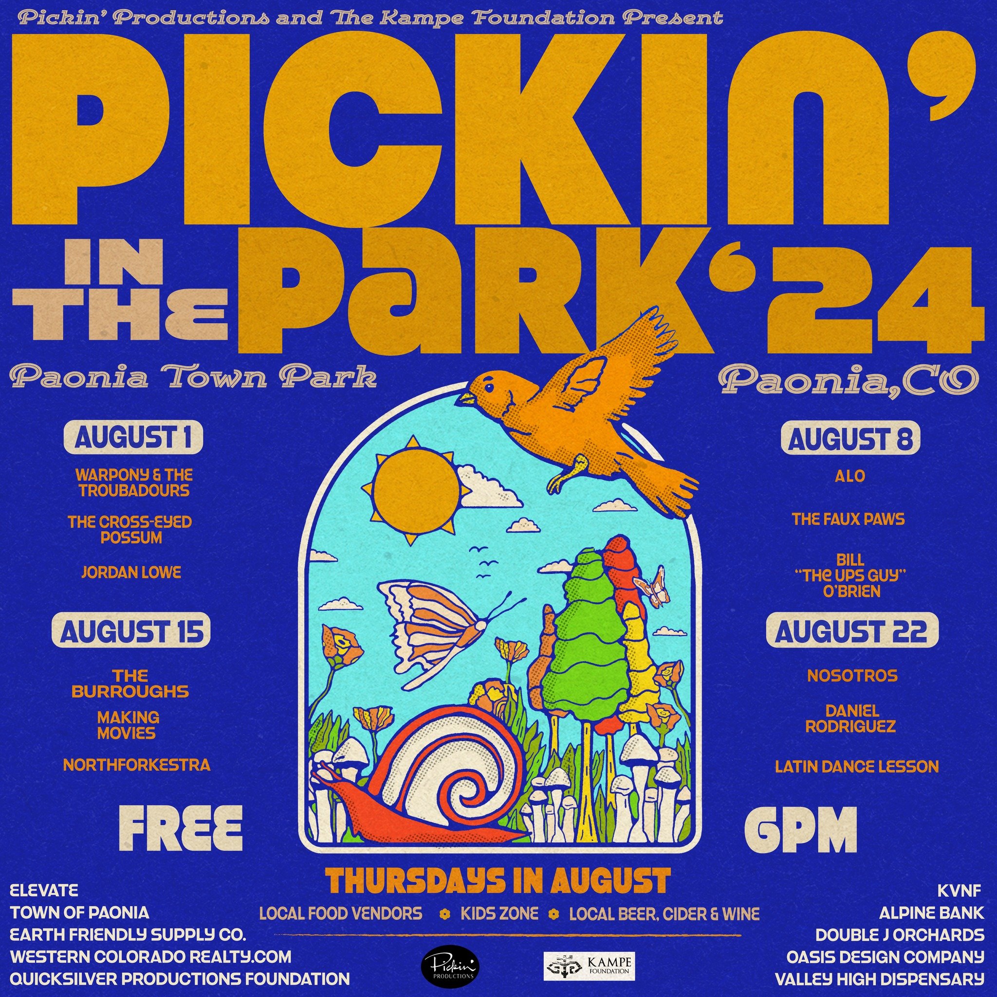 Opening night for Pickin' in the Park is just TWO DAYS away! ✌️

Thursday, 8/1 @ 6pm &bull; Don't be late! Our featured high school musician Jordan Lowe will kick off the night, followed by @crosseyedpossumband and Warpony!

Bring your chairs, enjoy 