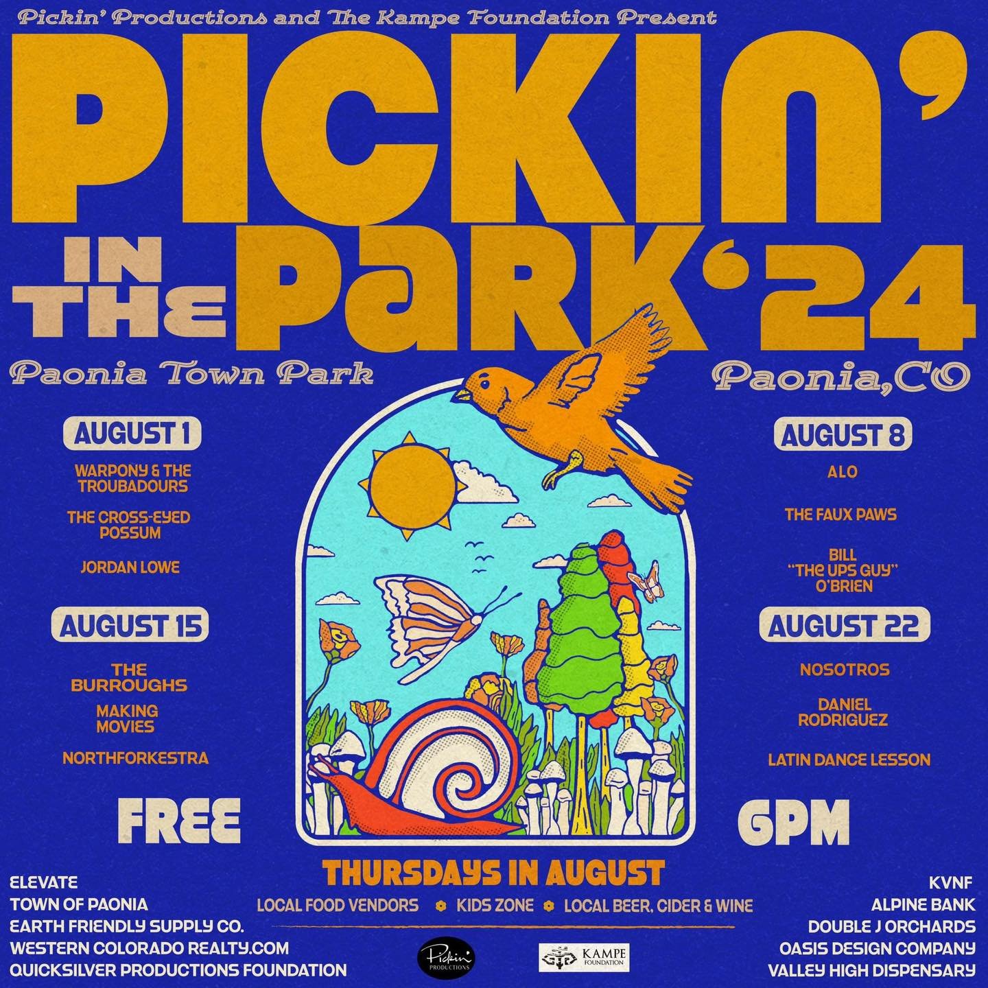 🙌 It's already week 3️ of Pickin in the Park! 

TONIGHT, 8/15 @ 6pm &bull; Don't be late! Join us for Northforkestra, @mkngmvs, and the @theburroughssoul!

BYOC (bring your own chair), enjoy food and drink onsite. See you soon!