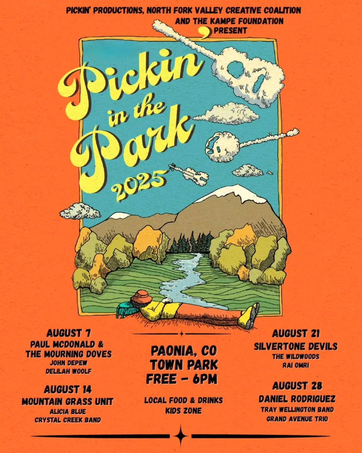 ✨️ANNOUNCEMENT!!✨️
PAONIA, CO, PICKIN' IN THE PARK LINEUP IS HERE!&hearts;️

Pickin' Productions, North Fork Valley Creative Coalition and The Kampe Foundation present FOUR FREE events every Thursday though August in Paonia Town Park.

August 7 featu
